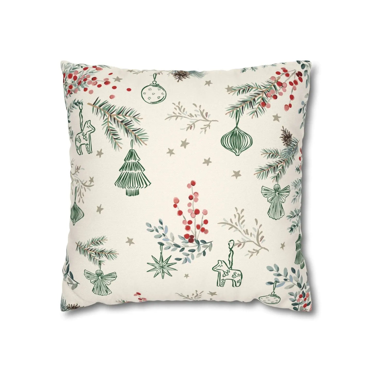 Winter berry Christmas pillow cover featuring green pine branches and red berries in a festive pattern.
