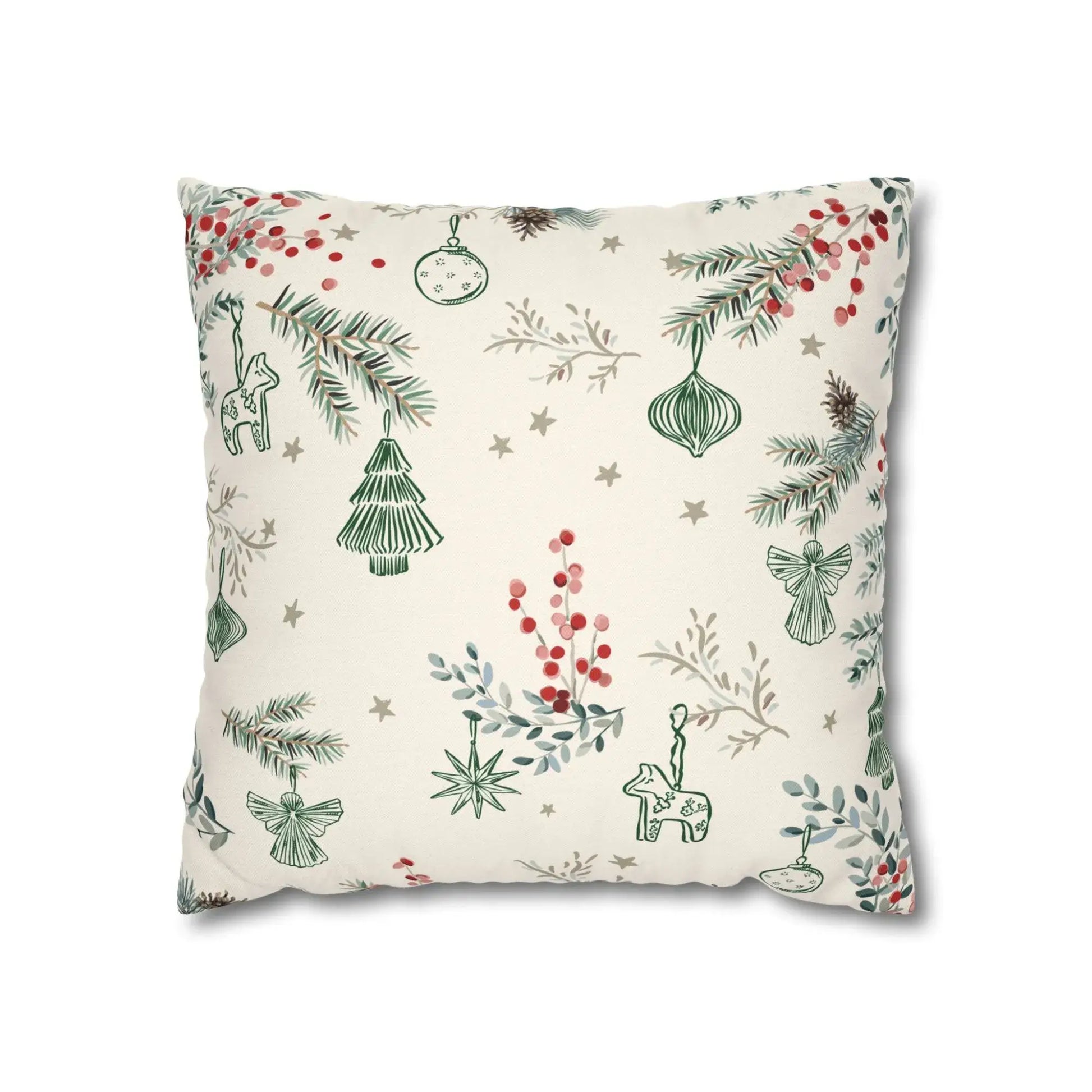 Winter berry Christmas pillow cover featuring green pine branches and red berries in a festive pattern.