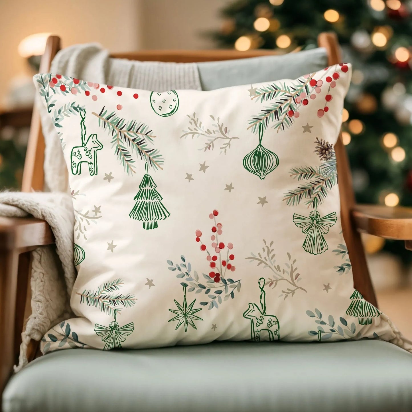 Winter berry Christmas pillow cover featuring festive pine branches and Christmas ornaments.