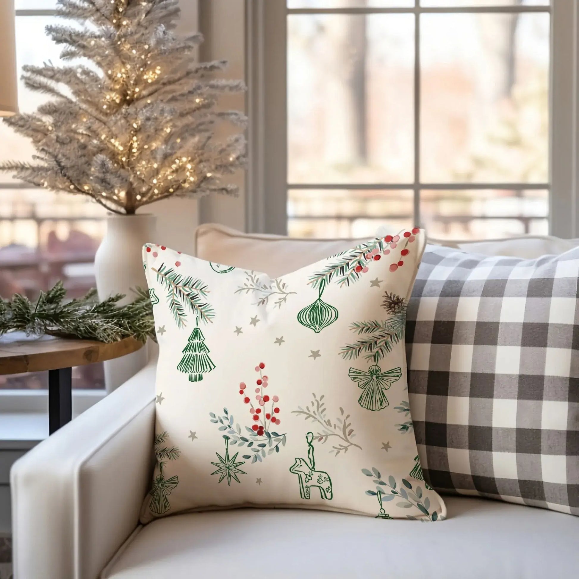 Winter berry Christmas pillow cover featuring festive designs and soft textures in a cozy living room setting.
