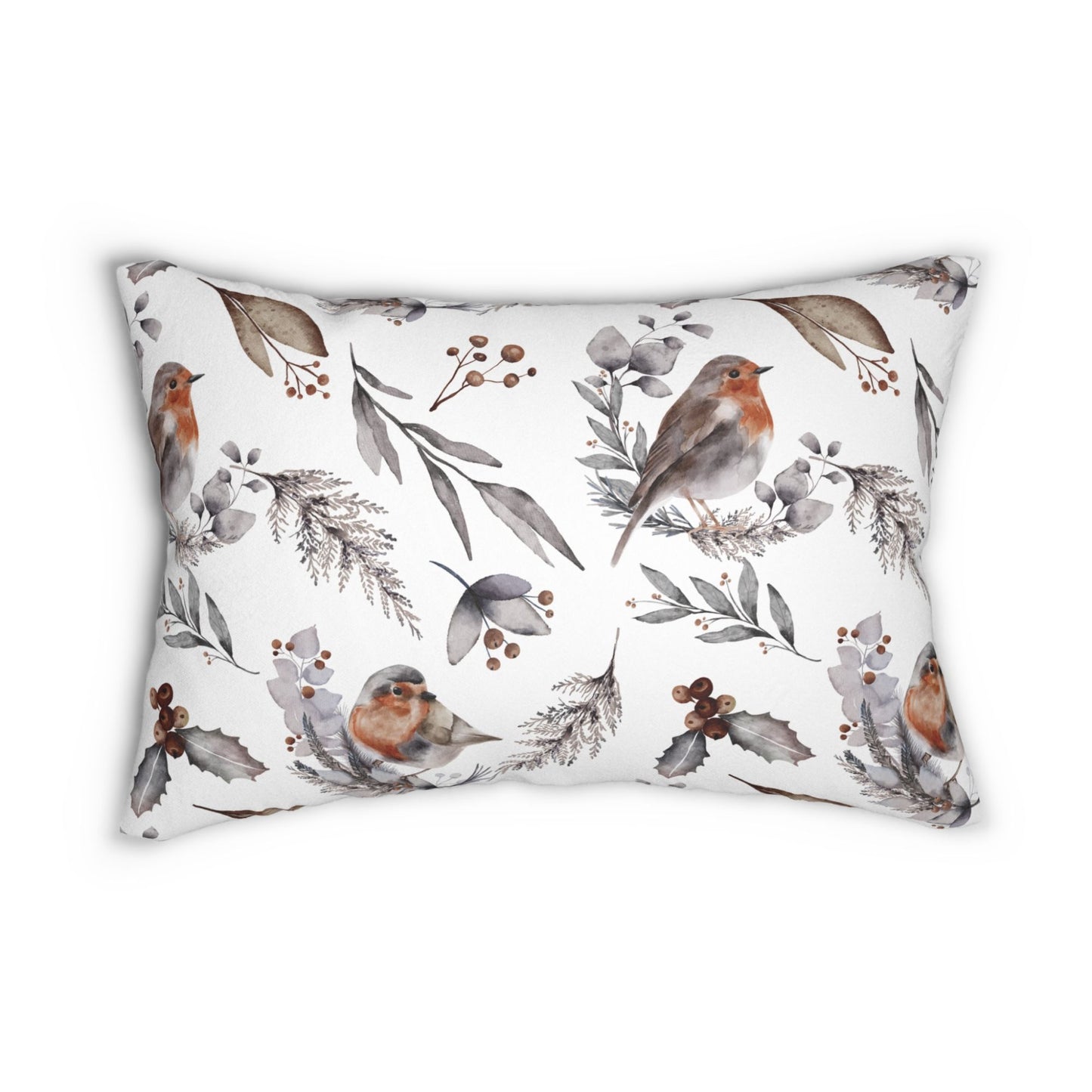 Winter lumbar pillow with watercolor robins, pine leaves, and berries – holiday nature-inspired decor