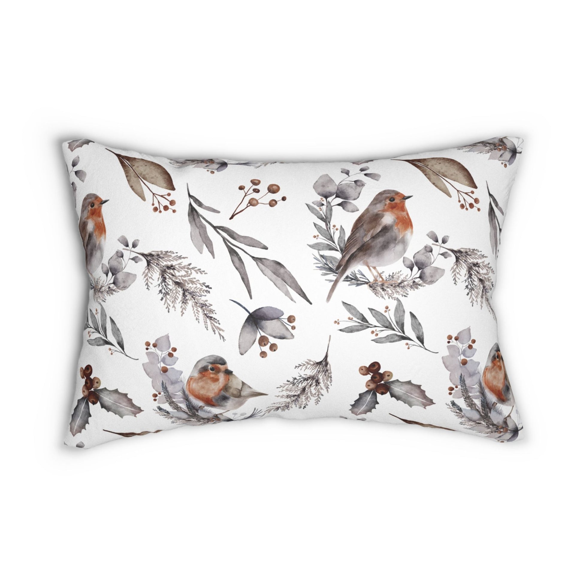 Winter lumbar pillow with watercolor robins, pine leaves, and berries – holiday nature-inspired decor