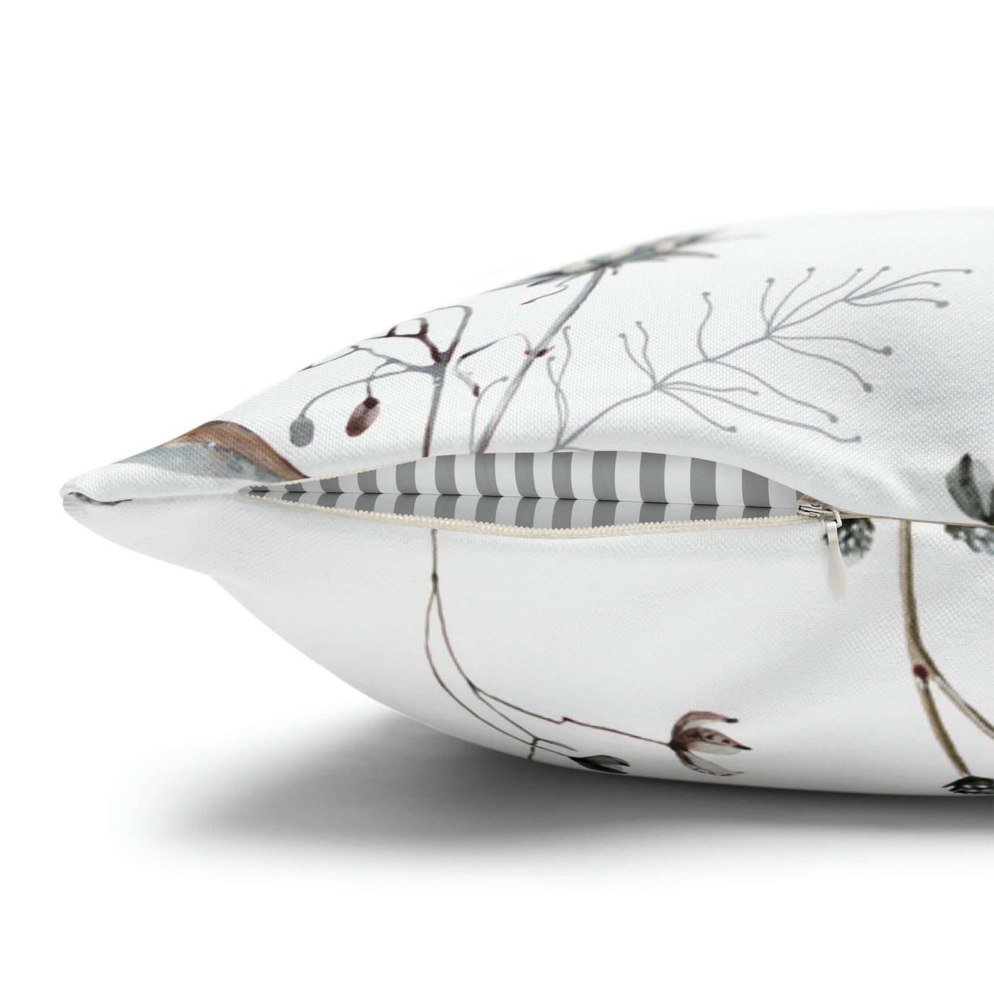 Detail of Winter botanical christmas pillow with watercolor florals and zipper, perfect for winter décor.