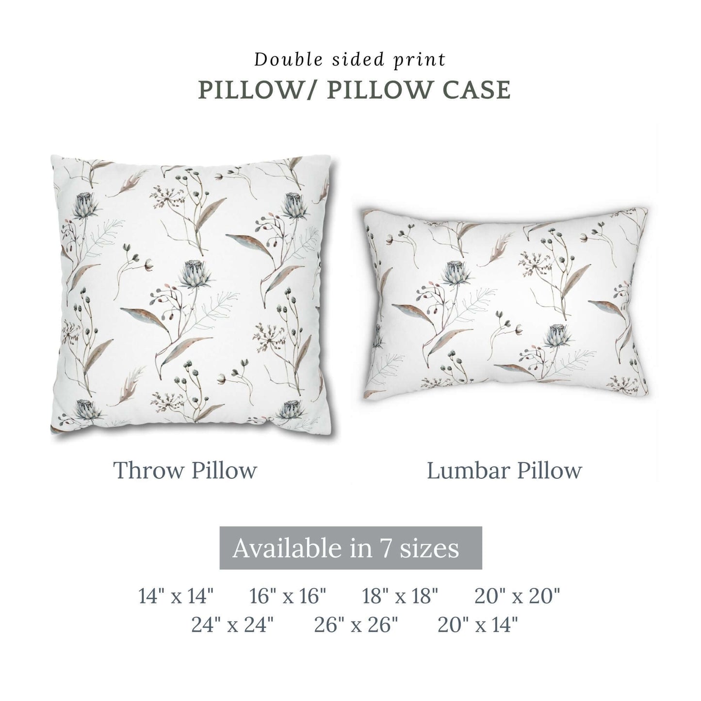 Winter botanical christmas pillow featuring double-sided watercolor floral print, available in various sizes.