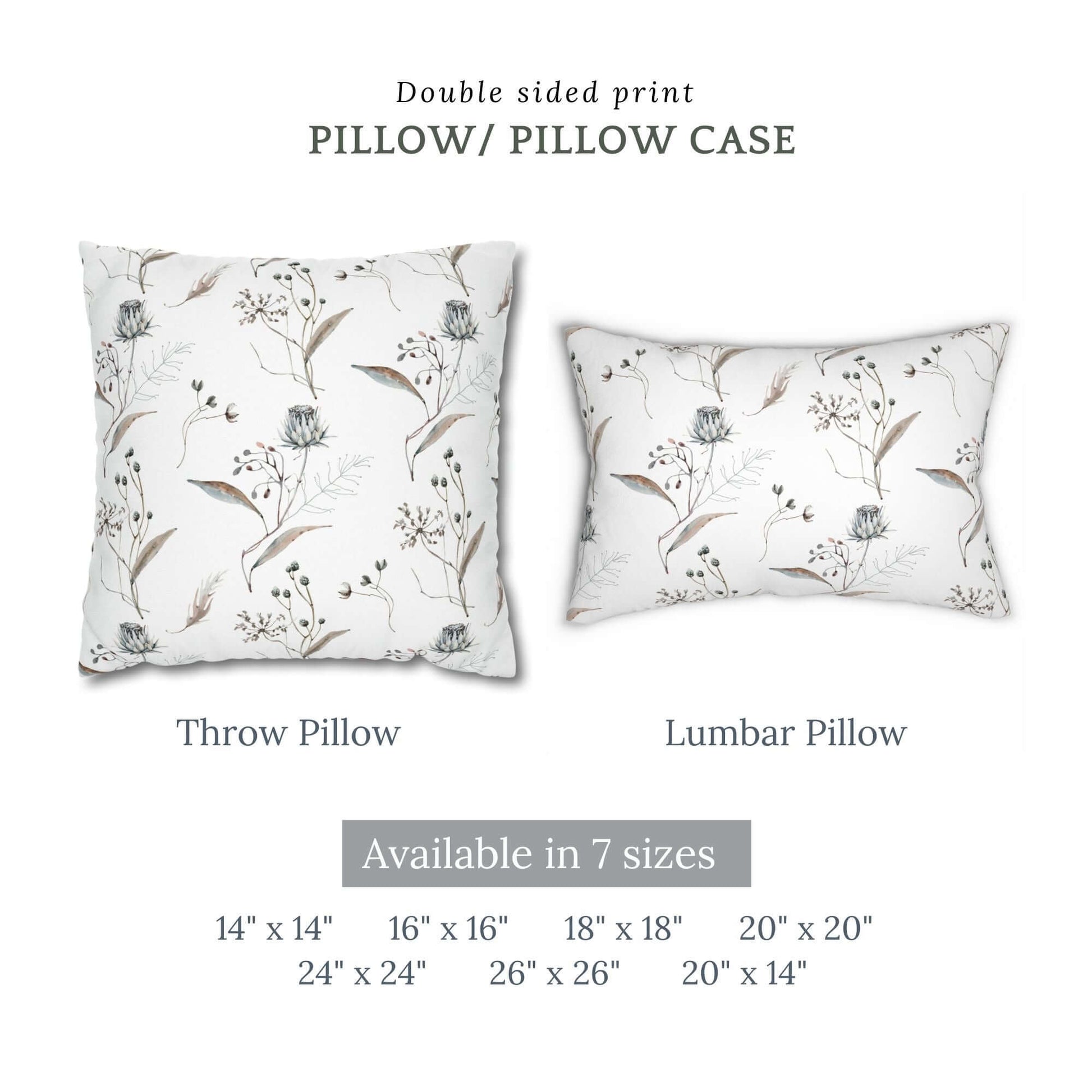 Winter botanical christmas pillow featuring double-sided watercolor floral print, available in various sizes.