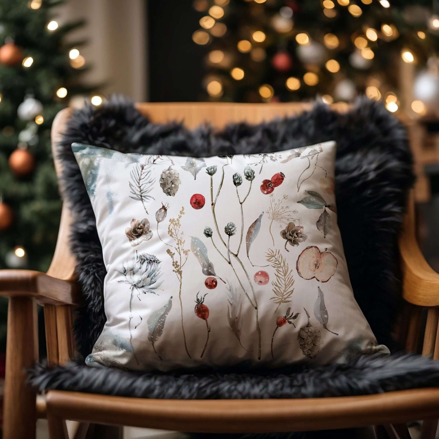 Winter Botanical Pillow Cover featuring hand-painted winter elements on a cozy chair with holiday decor.