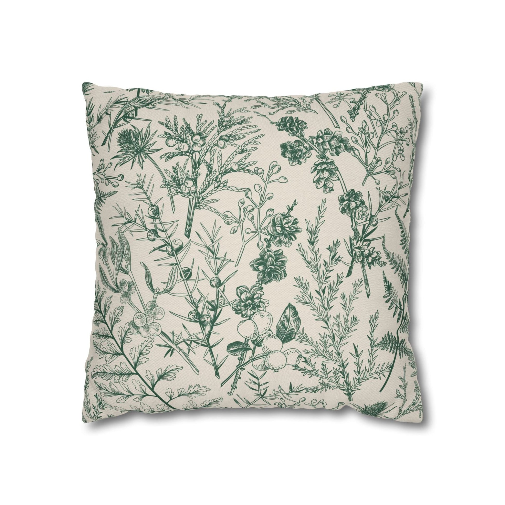 Winter botanical pillow in white and green sketch design