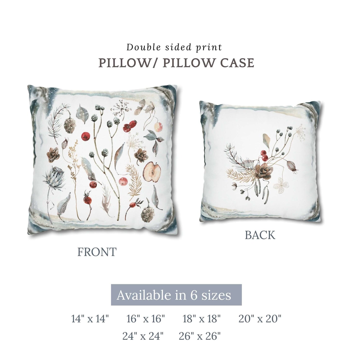 Winter Botanical Pillow Cover showcasing double sided print with winter motifs in elegant design.