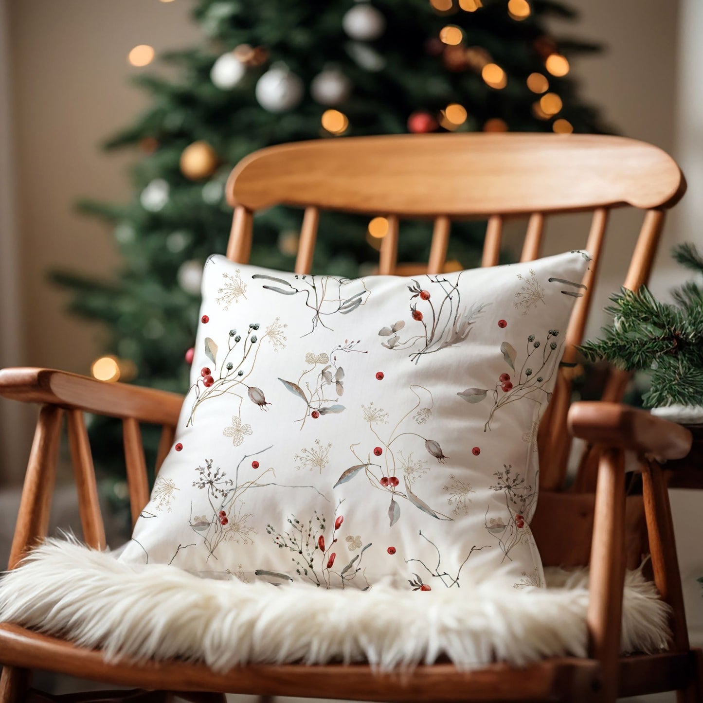 Winter botanical pillow with red berries on wooden chair by Christmas tree