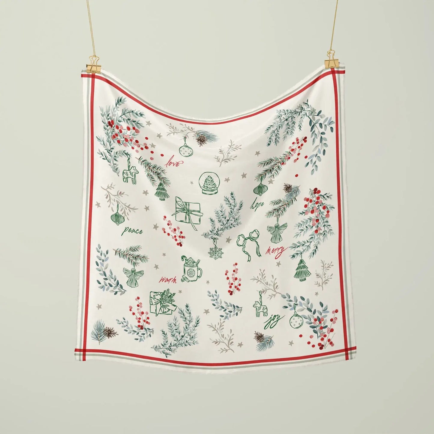 Winter Botanical Scarf with pine, red berry prints, and festive icons, perfect personalized Christmas gift.