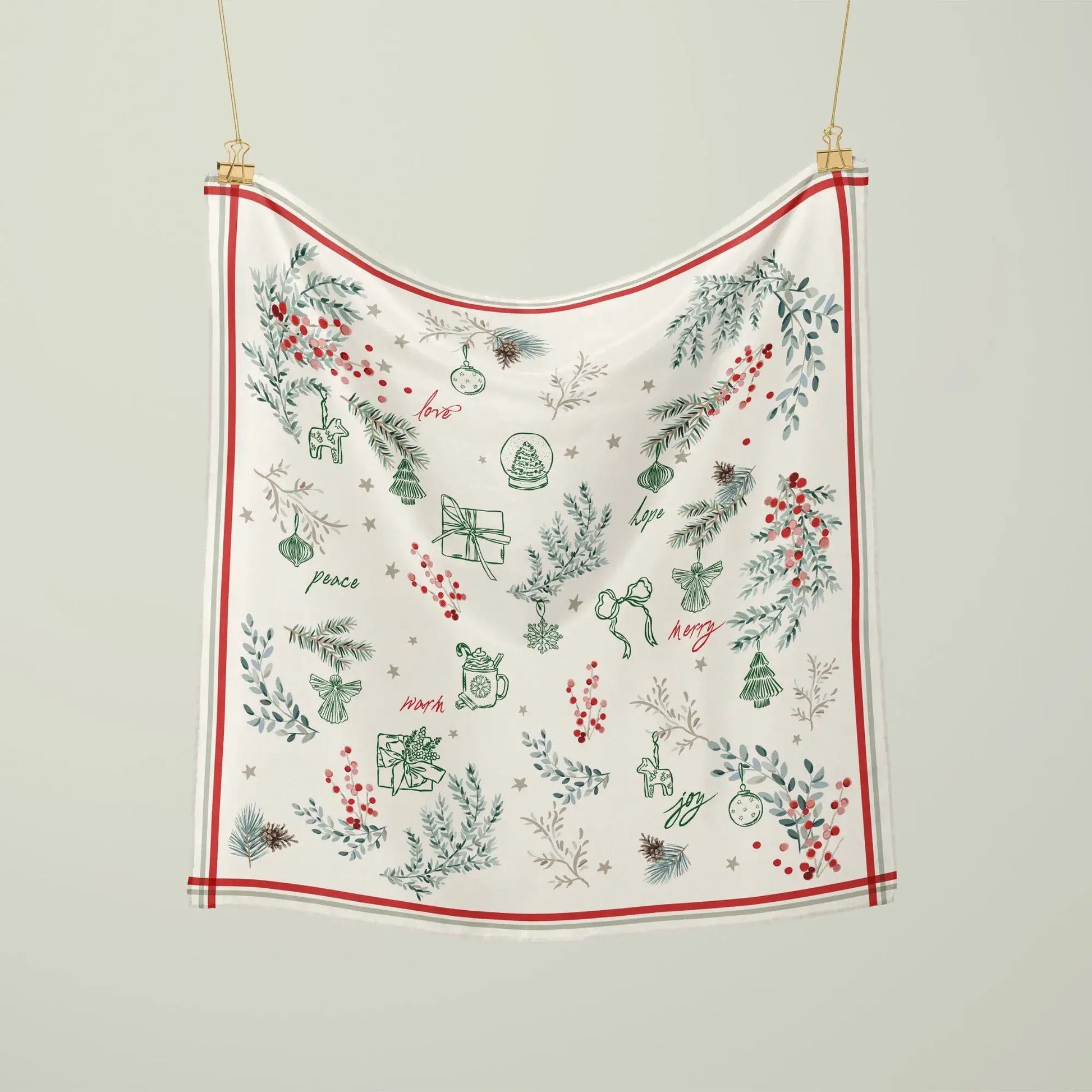 Winter Botanical Scarf with pine, red berry prints, and festive icons, perfect personalized Christmas gift.