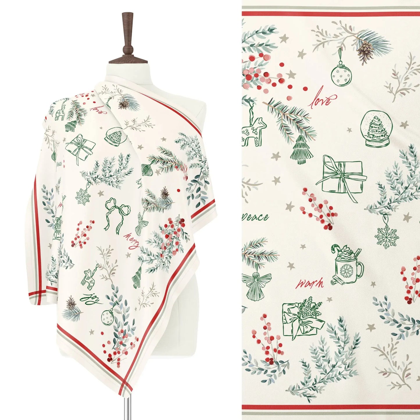 Winter Botanical Scarf featuring pine and red berry prints and holiday motifs, perfect for personalization as a Christmas gift.