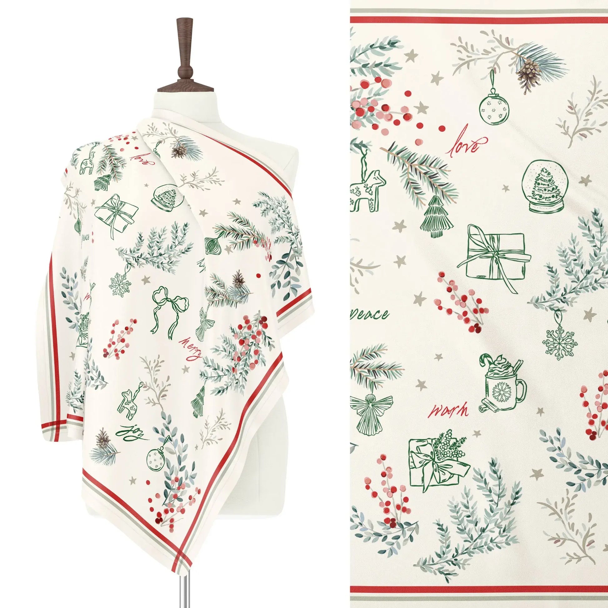 Winter Botanical Scarf featuring pine and red berry prints and holiday motifs, perfect for personalization as a Christmas gift.
