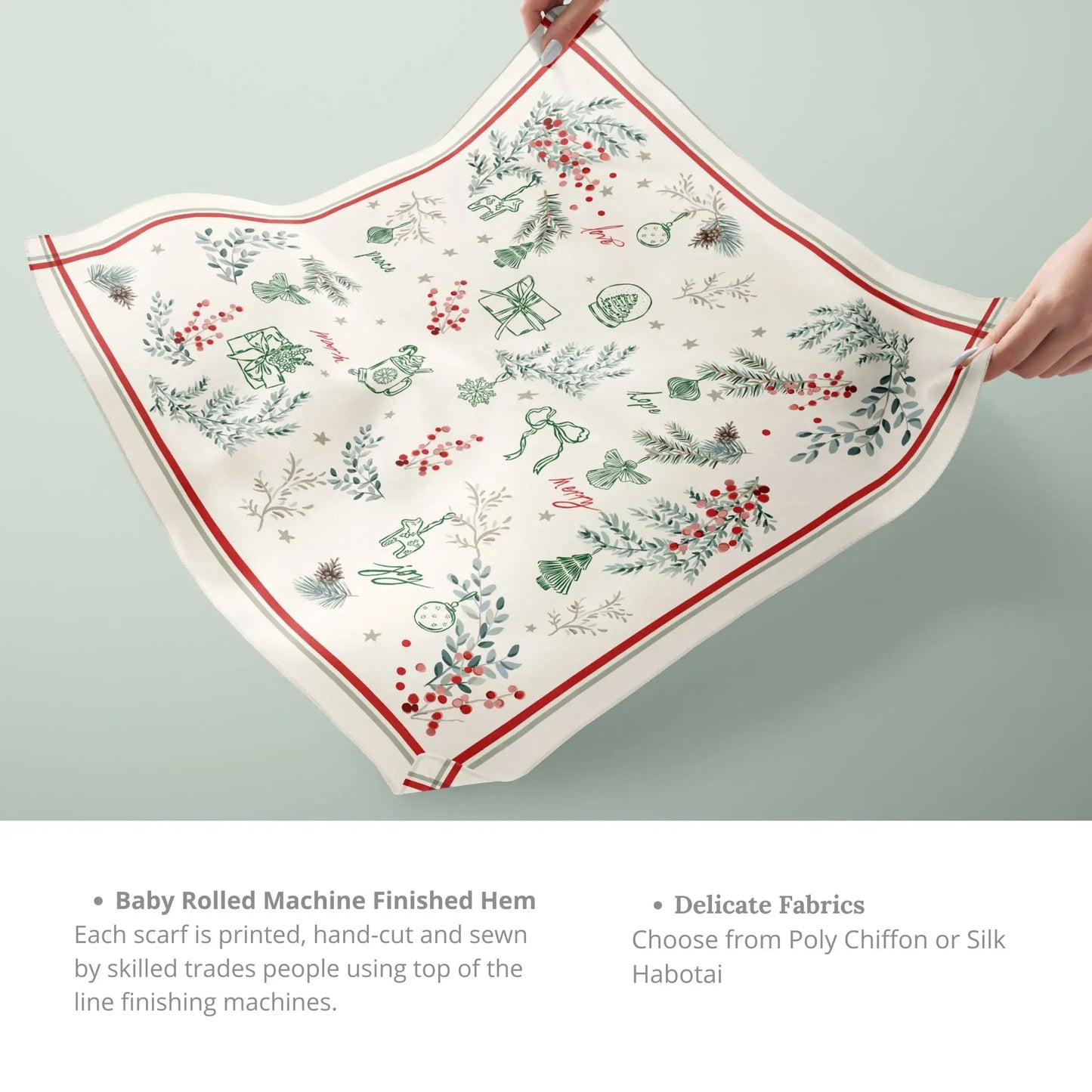 Winter Botanical Scarf showcasing delicate pine and red berry prints, ideal for a personalized Christmas gift.