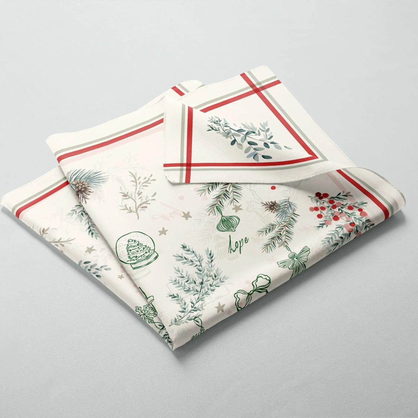 Winter Botanical Scarf with pine, red berry prints and a red and green border, perfect for a personalized Christmas gift.