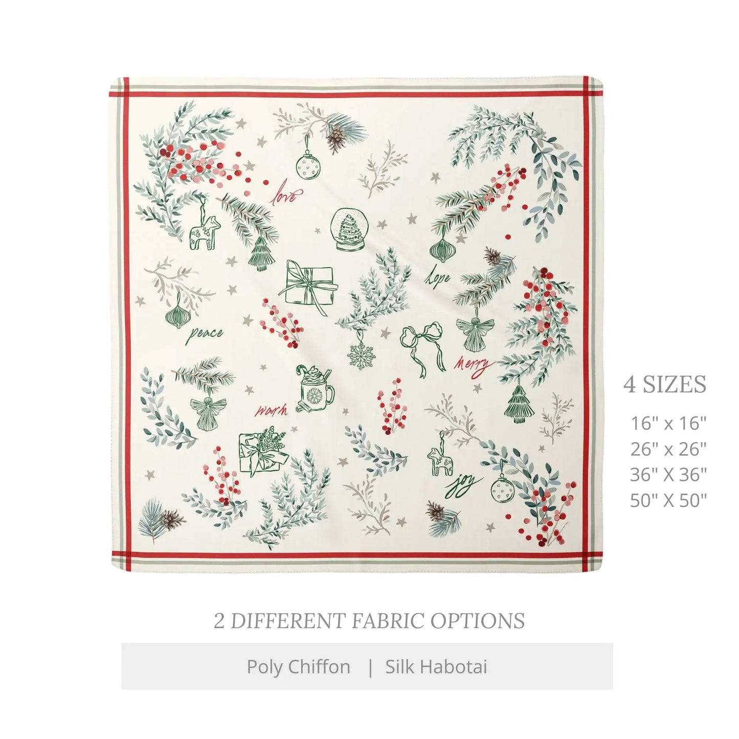 Winter Botanical Scarf showcasing pine and red berry prints, available in multiple sizes and fabric options.