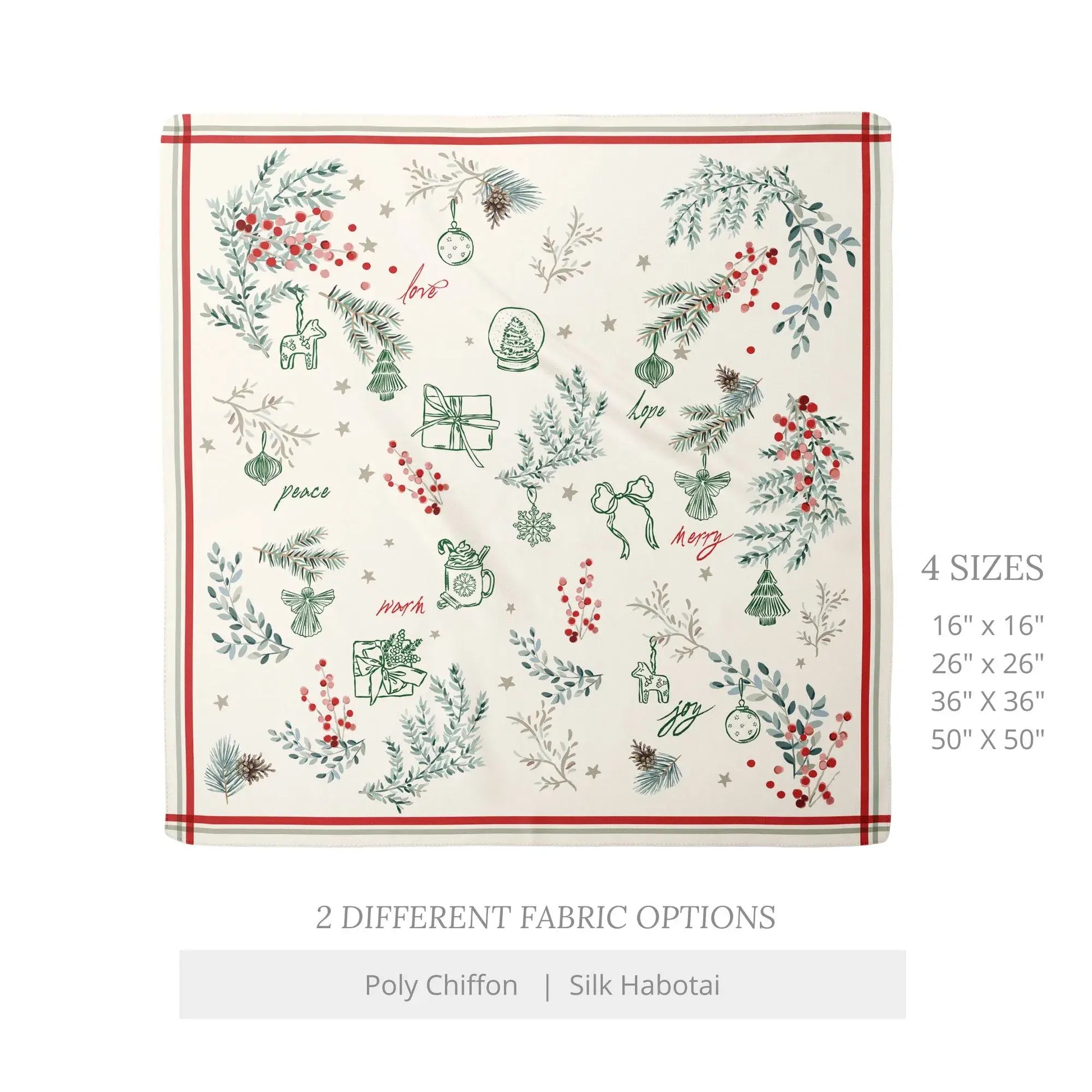 Winter Botanical Scarf showcasing pine and red berry prints, available in multiple sizes and fabric options.