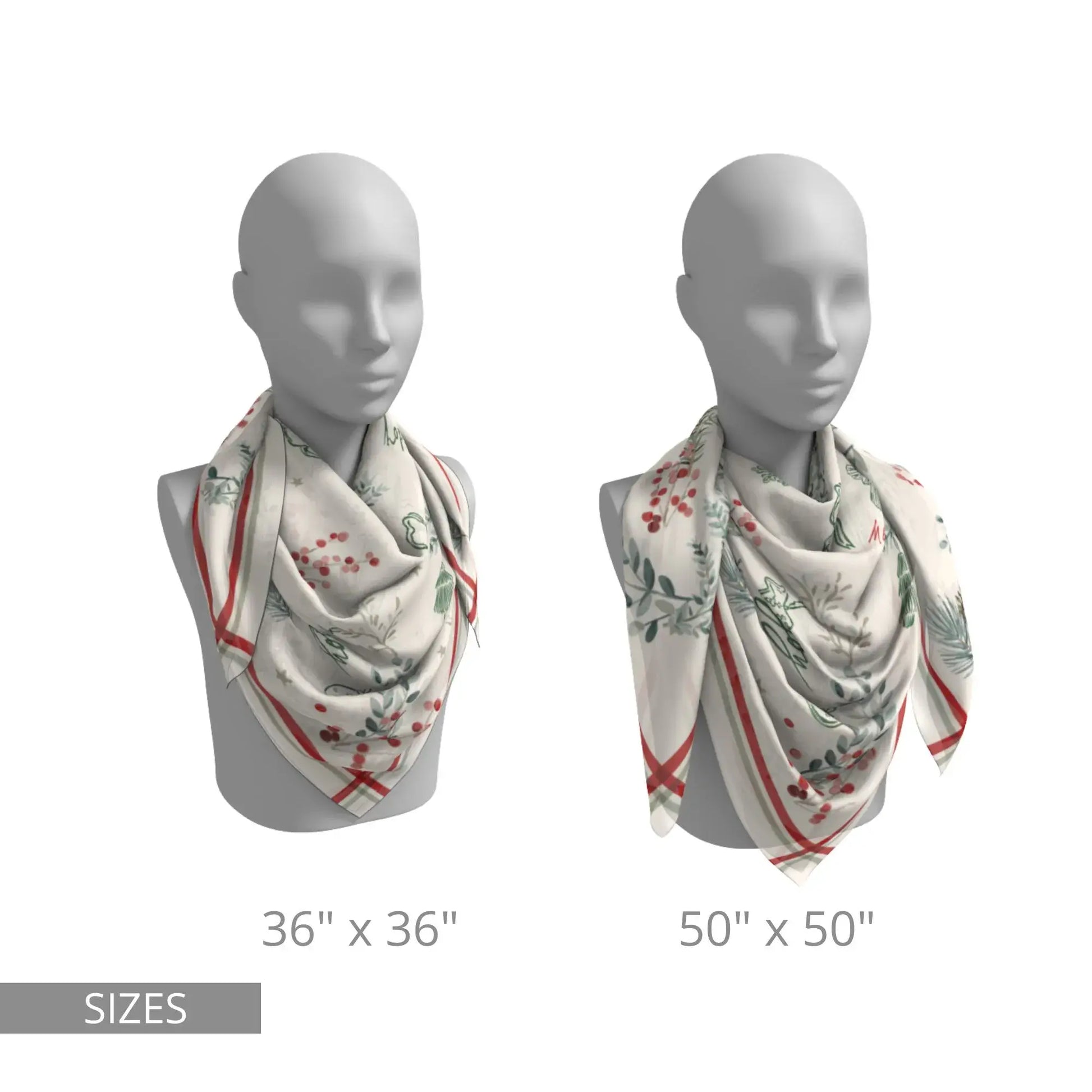 Winter Botanical Scarf displayed in two sizes, featuring pine and red berry prints for a stylish winter accessory.