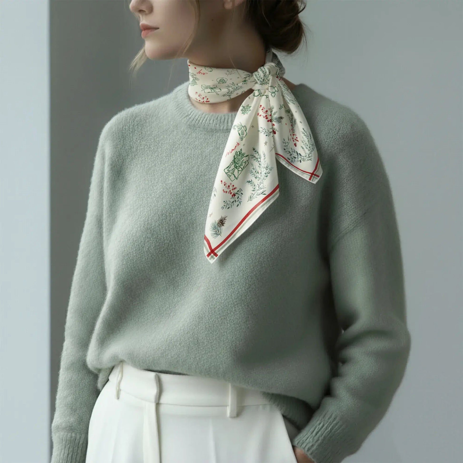 Winter Botanical Scarf styled elegantly around the neck in a soft, cozy outfit, perfect for winter fashion.