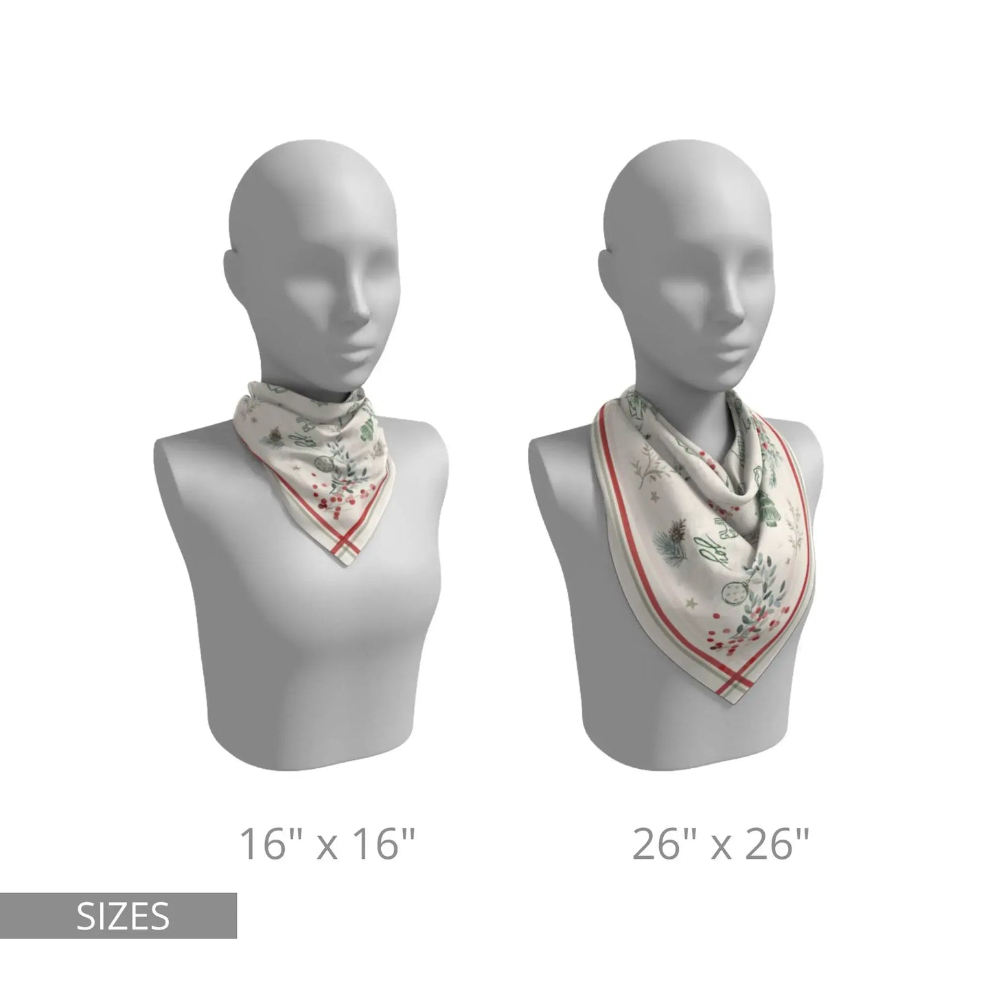 Two sizes of the Winter Botanical Scarf displayed on mannequins, showcasing the elegant design and festive colors.