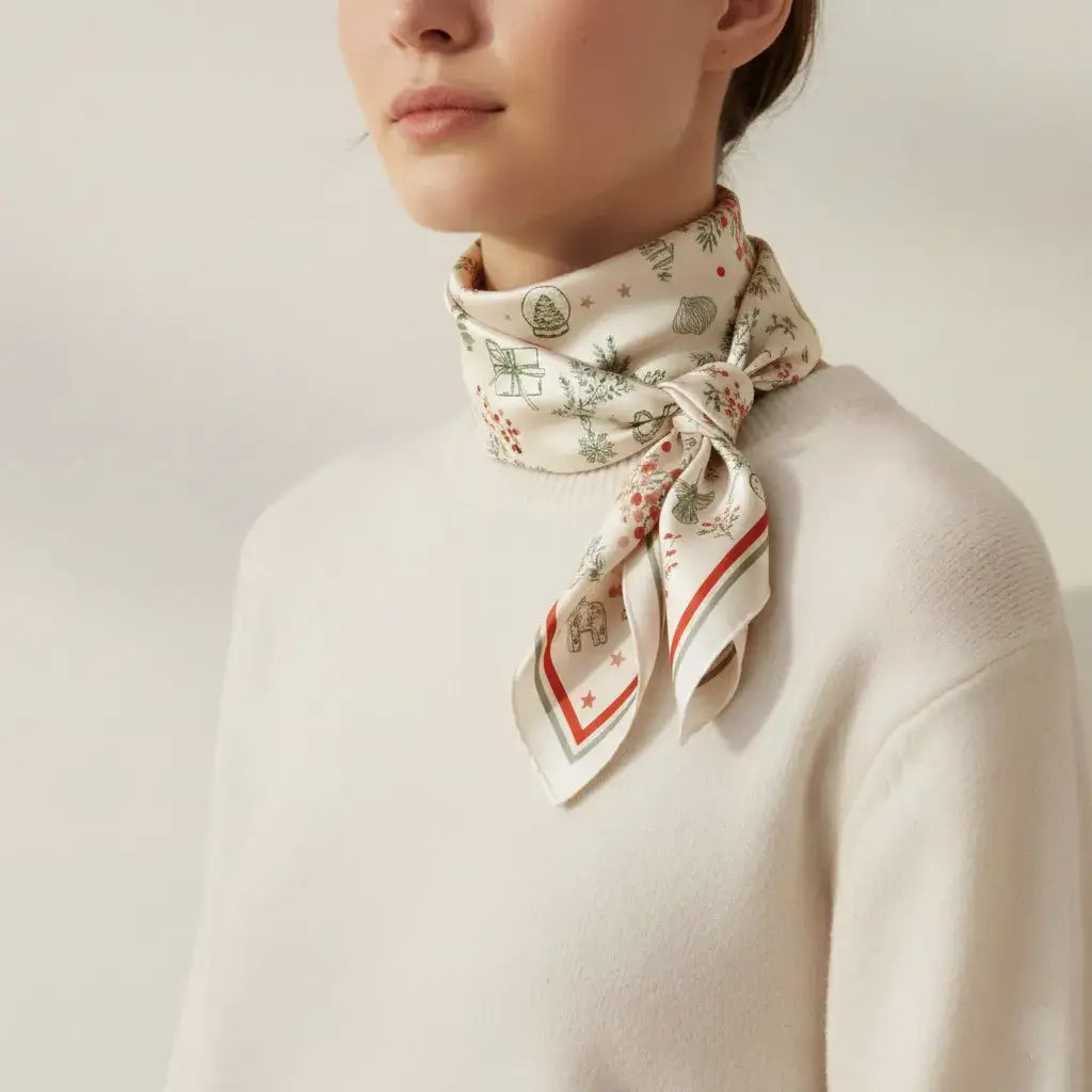 Winter Botanical Scarf featuring pine and red berry prints, perfect for a personalized Christmas gift.