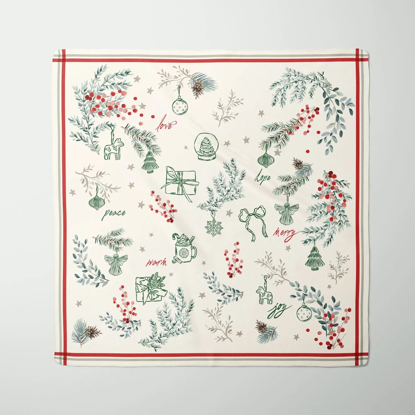 Winter Botanical Scarf with pine and red berry prints, featuring holly and festive icons, ideal for a personalized Christmas gift.