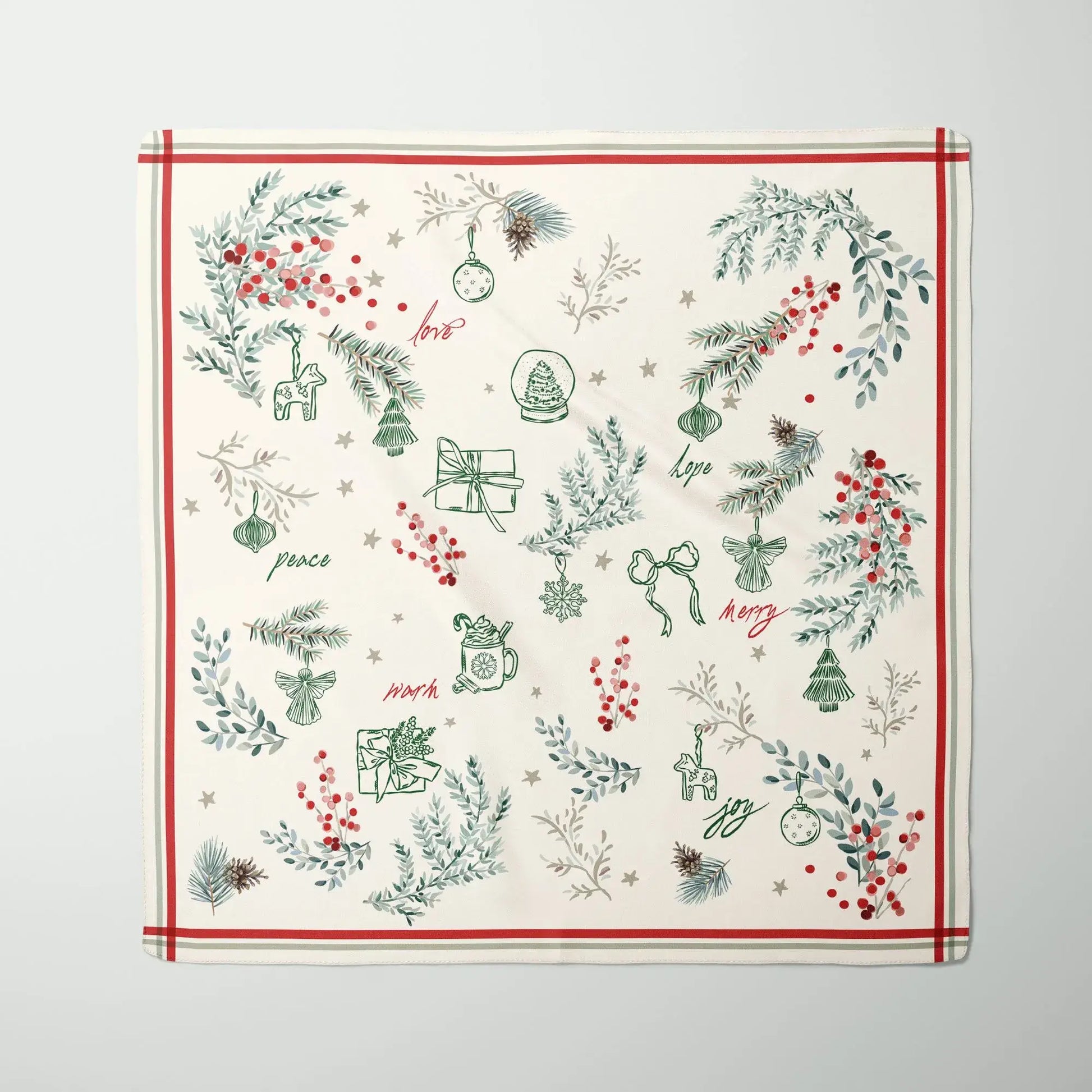 Winter Botanical Scarf with pine and red berry prints, featuring holly and festive icons, ideal for a personalized Christmas gift.