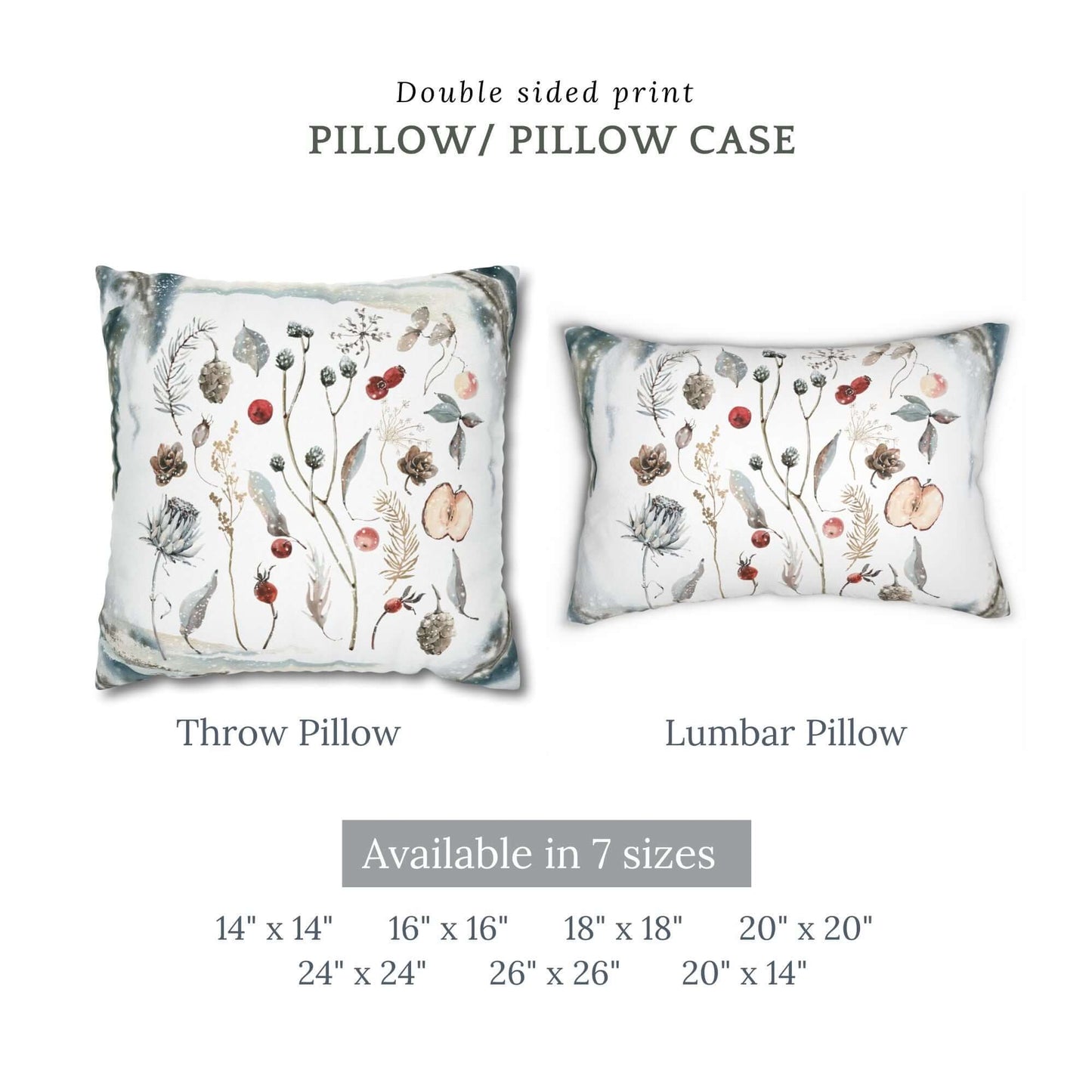 Winter Botanical Pillow Cover showcasing double-sided print with winter botanical elements in throw and lumbar pillow styles.