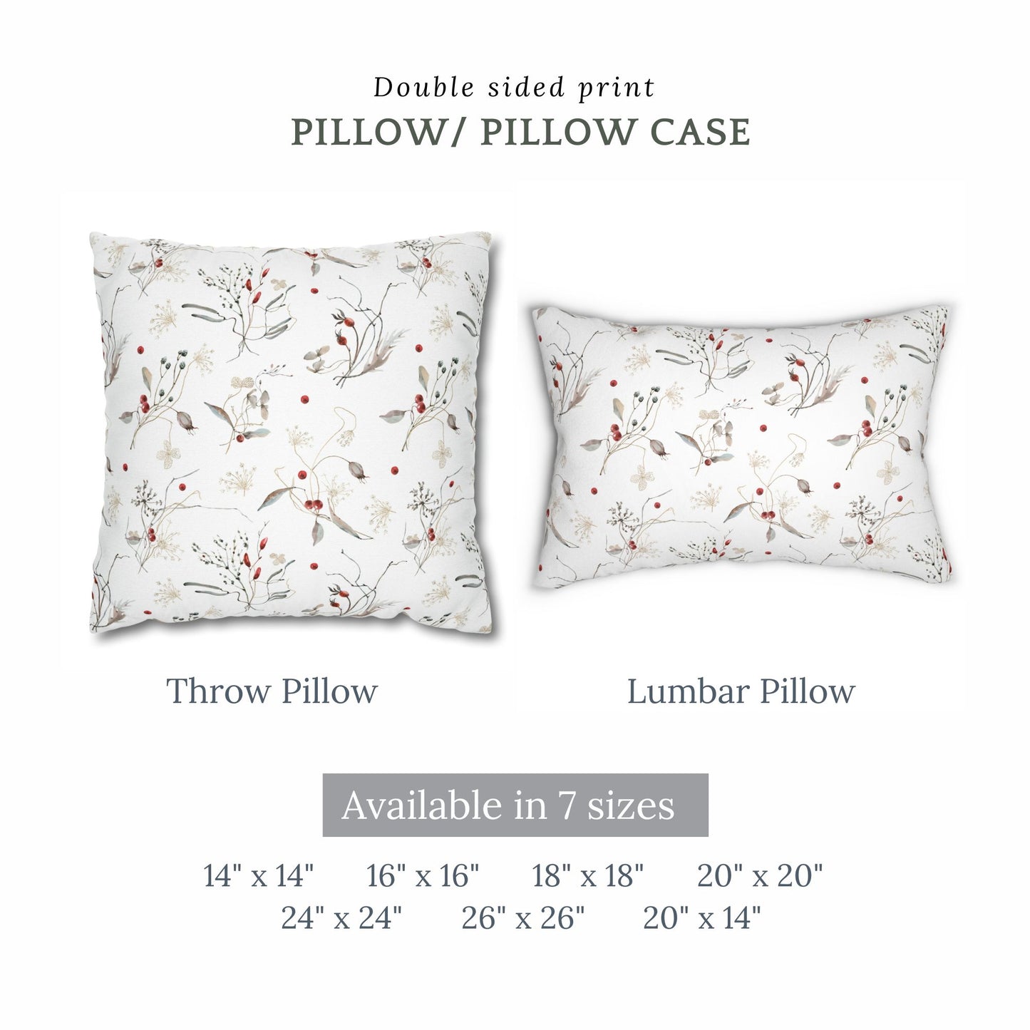 Winter botanical throw pillow and lumbar pillow with red berries and branches – available in 7 sizes, double-sided print