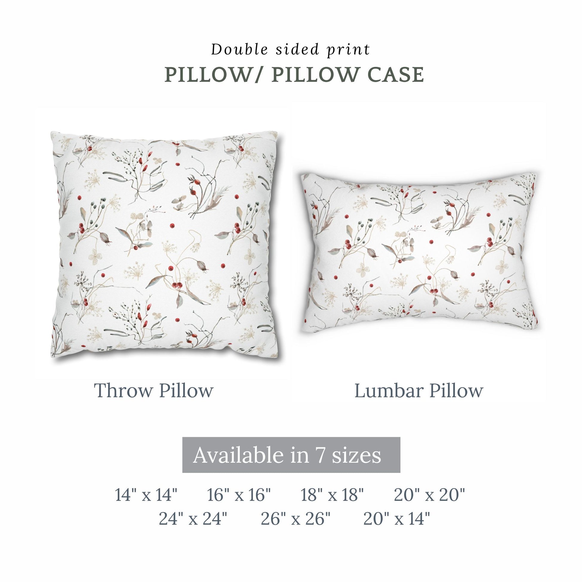 Winter botanical throw pillow and lumbar pillow with red berries and branches – available in 7 sizes, double-sided print