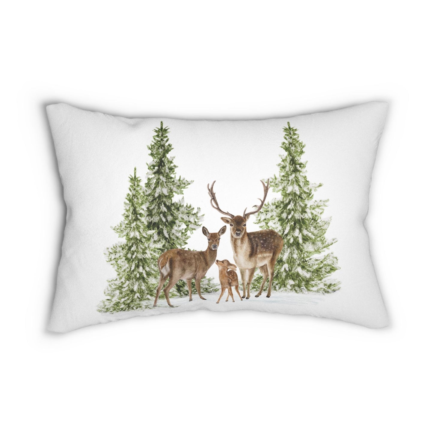 White lumbar pillow with deer family and pine trees – nature-inspired Christmas cushion