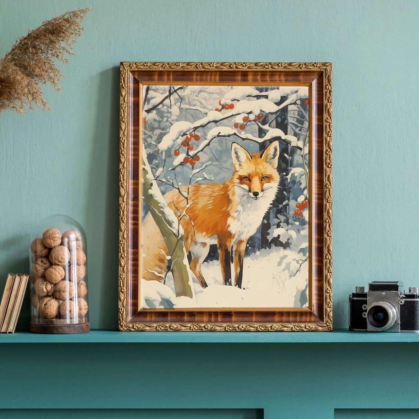 Winter Fox Art print displayed in a cozy winter-themed room with a snow-covered landscape background.