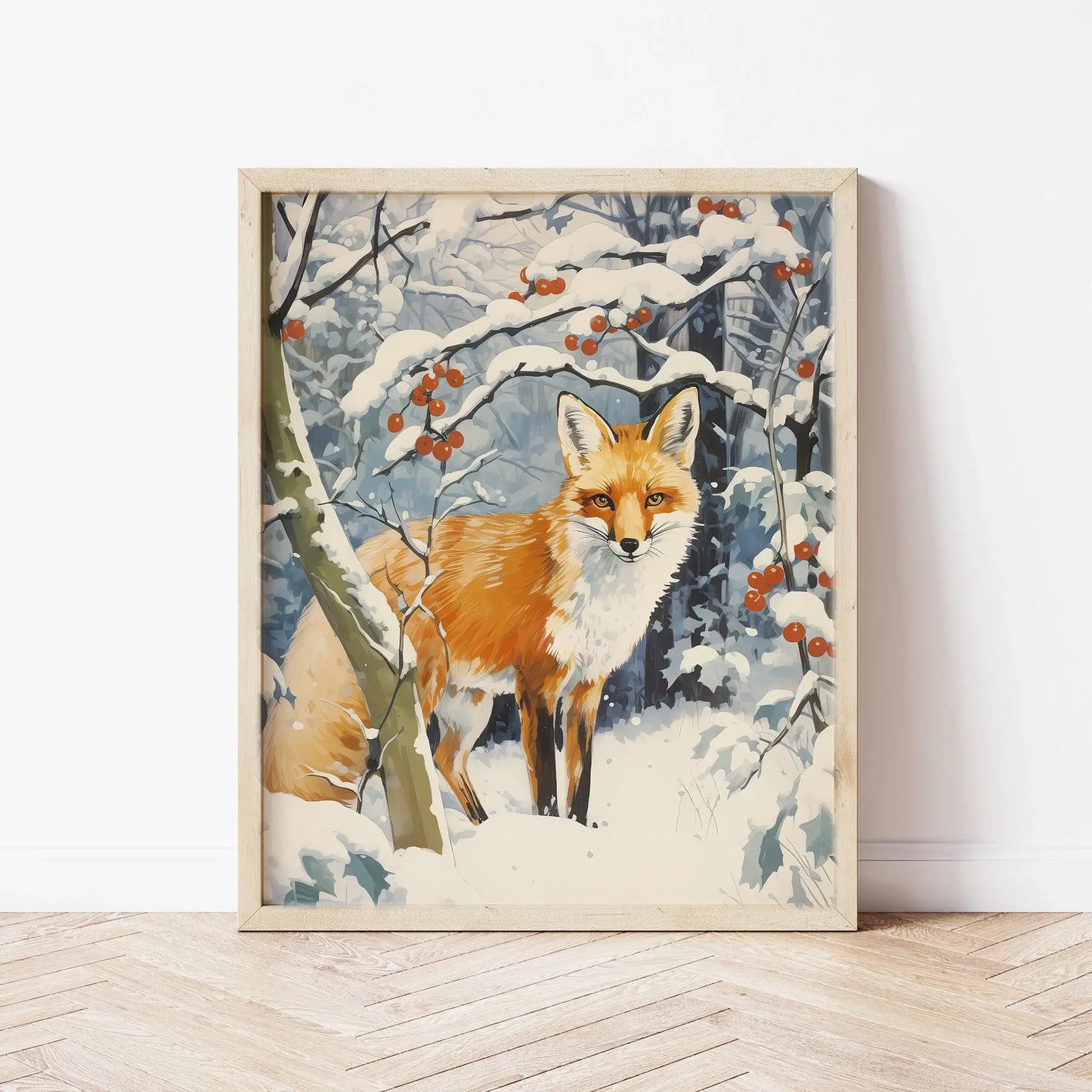 Winter Fox Art print featuring a fox in a snow-covered landscape with red berries, creating a cozy winter scene.