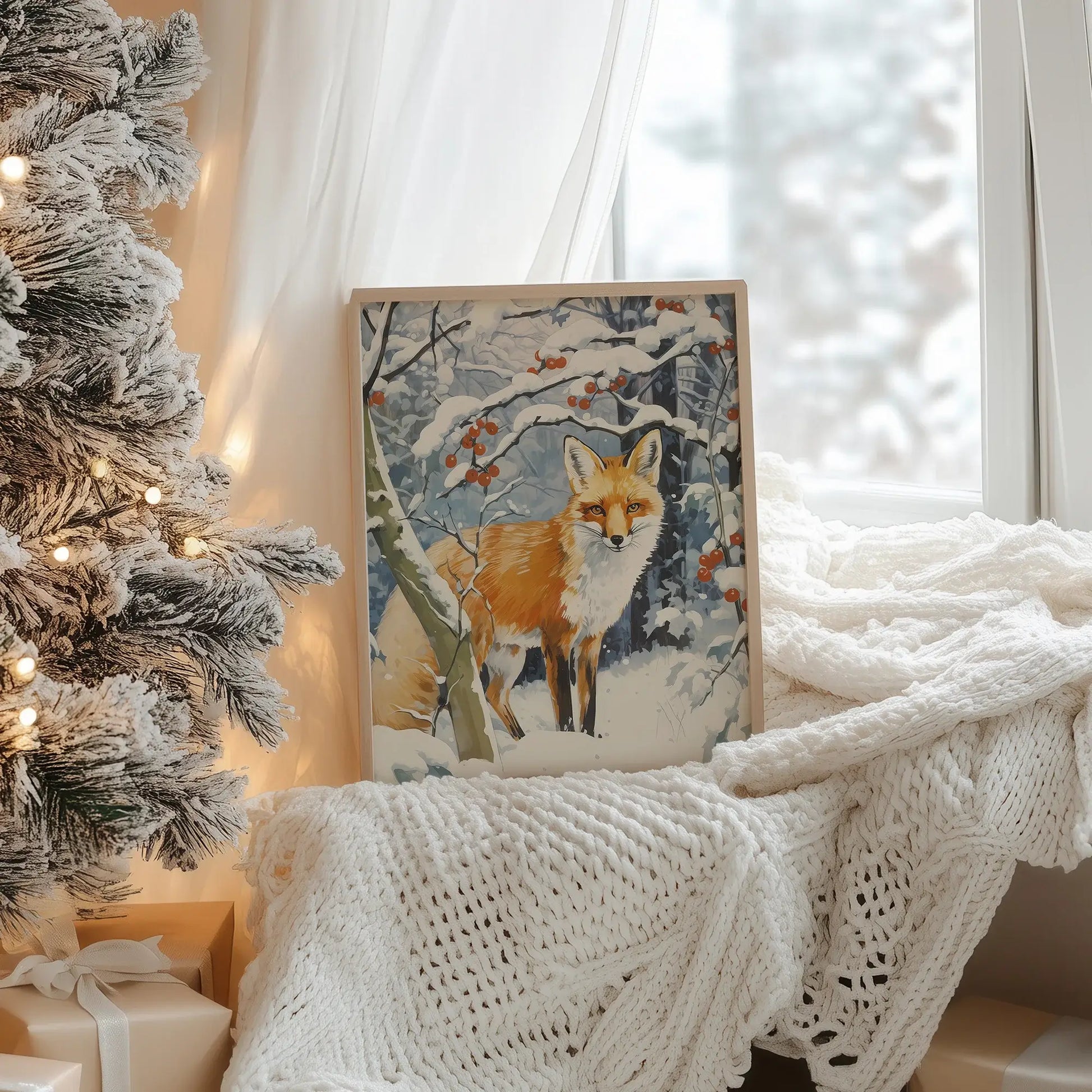 Winter Fox Art print displayed beside a cozy winter scene with a tree, evoking the magic of the season.
