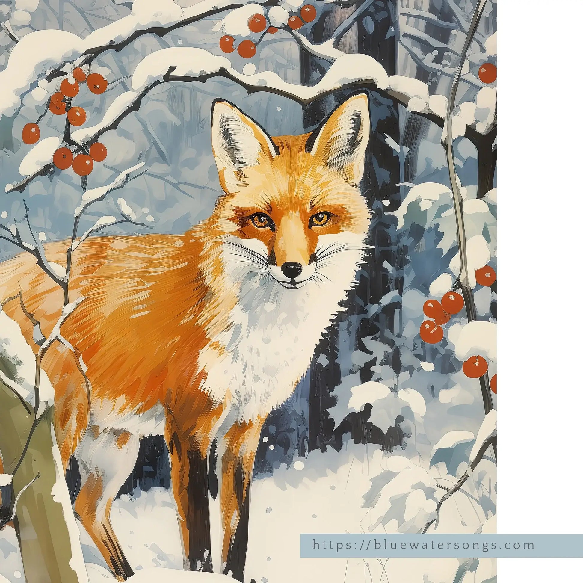 Winter Fox Art print featuring a beautiful fox in a snowy landscape surrounded by red berries.