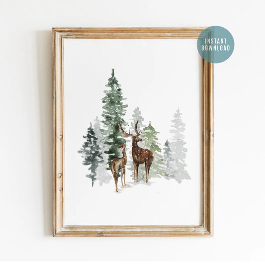 Winter Harmony - Watercolor Deers in Winter Scene - DIGITAL DOWNLOAD