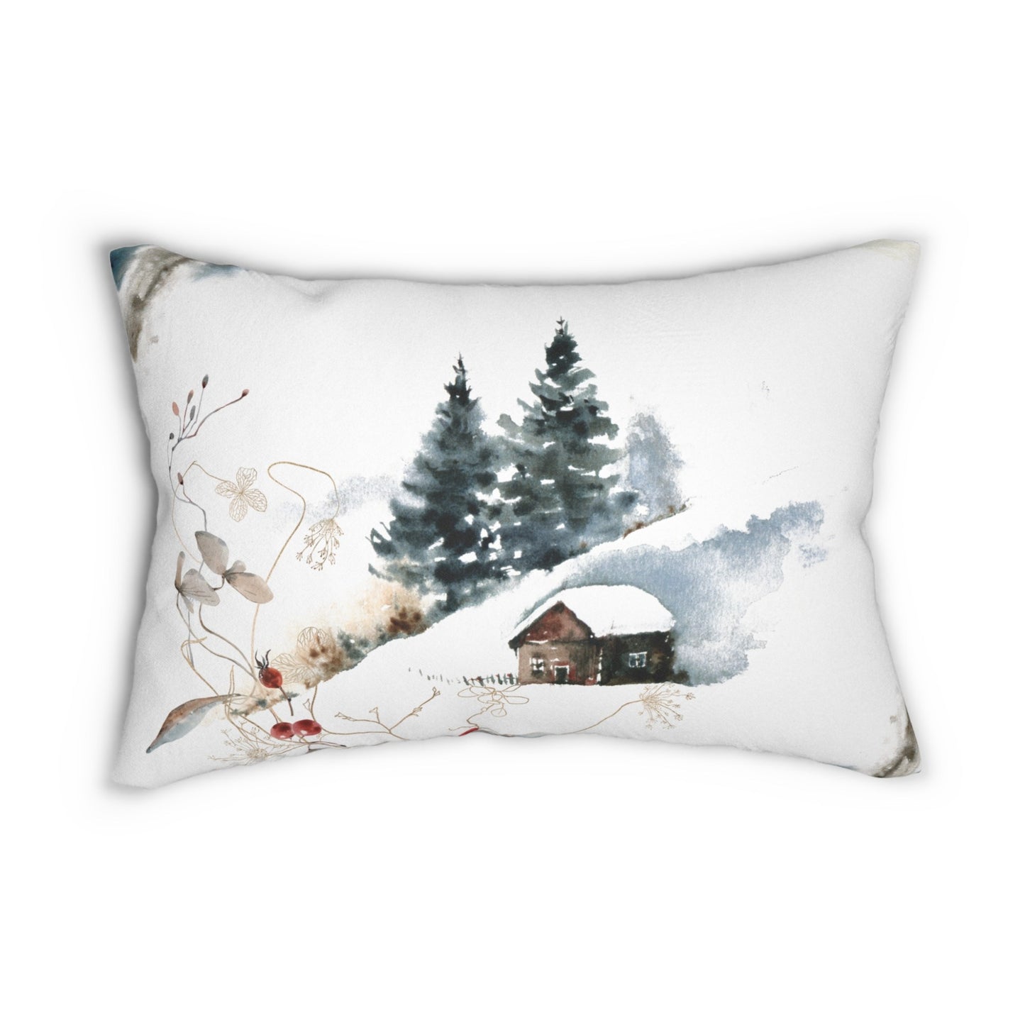 Watercolor winter lumbar pillow with snowy cabin and pine trees – seasonal Christmas decor