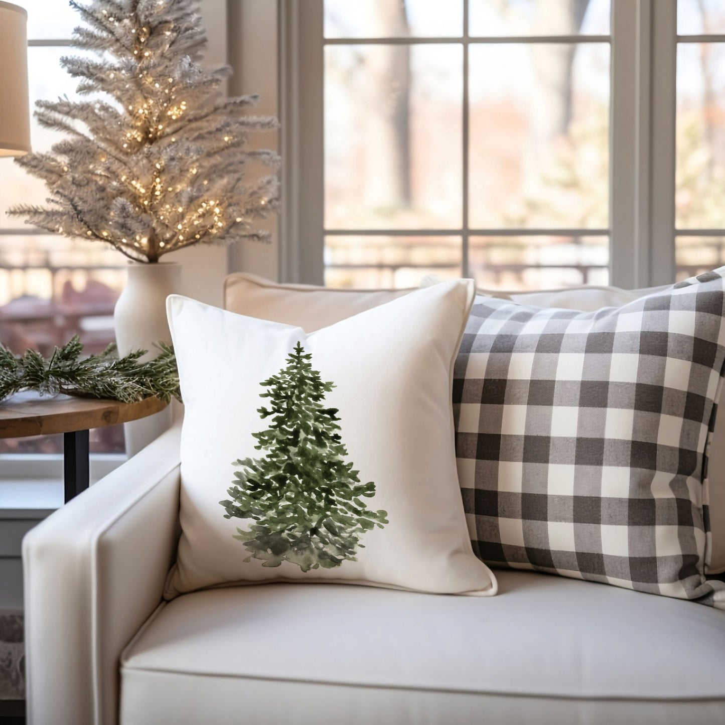 Winter Tree PILLOW from Blue Water Songs on white sofa with christmas tree behind