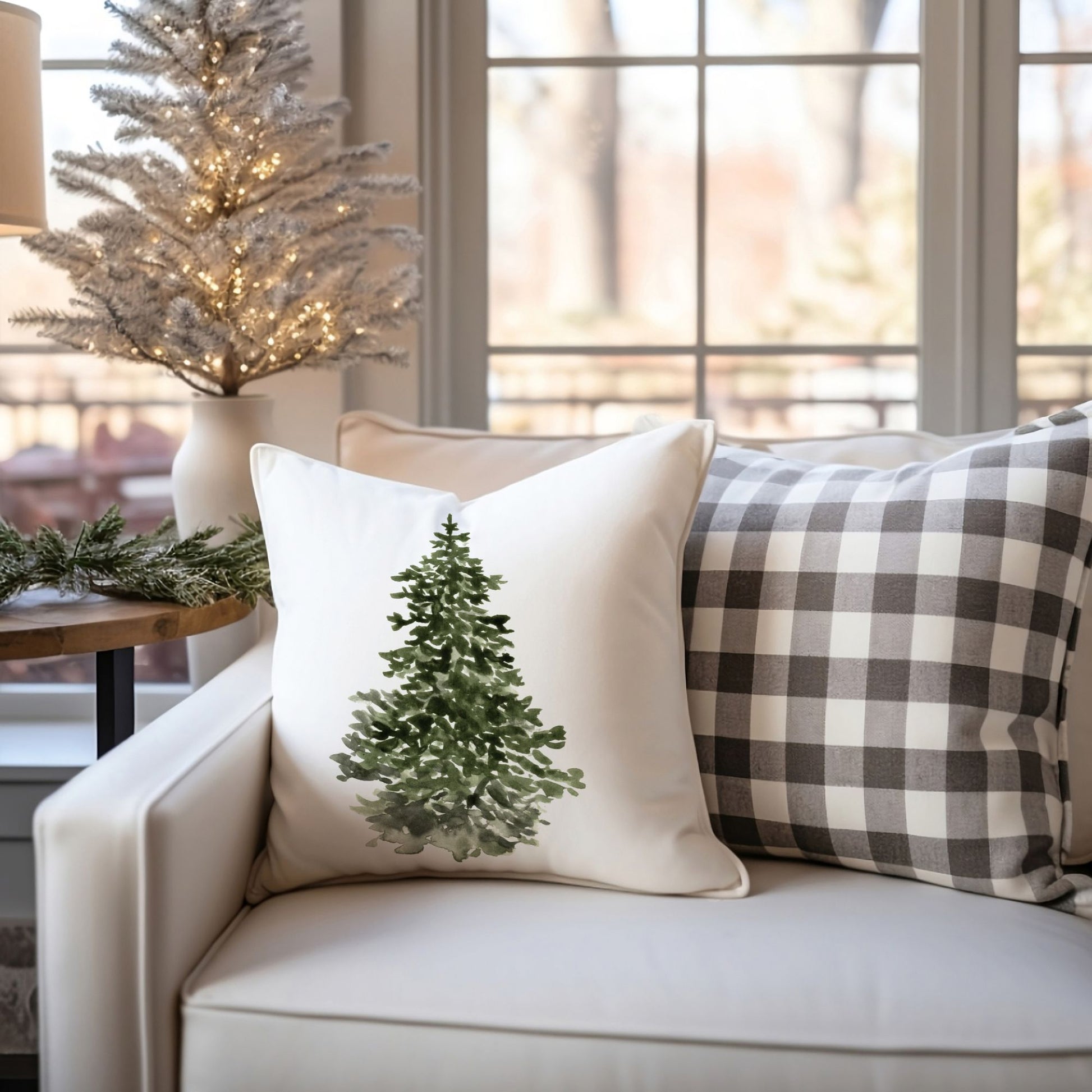 Winter Tree PILLOW from Blue Water Songs on white sofa with christmas tree behind