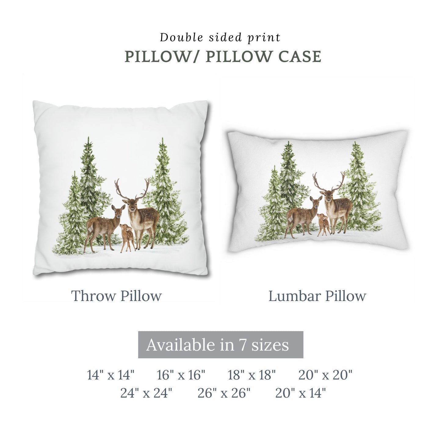 Christmas pillow and lumbar pillow with deer and pine trees – available in 7 sizes