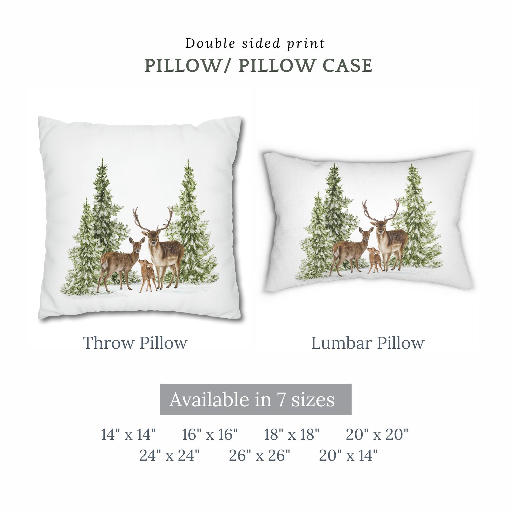 Christmas pillow and lumbar pillow with deer and pine trees – available in 7 sizes