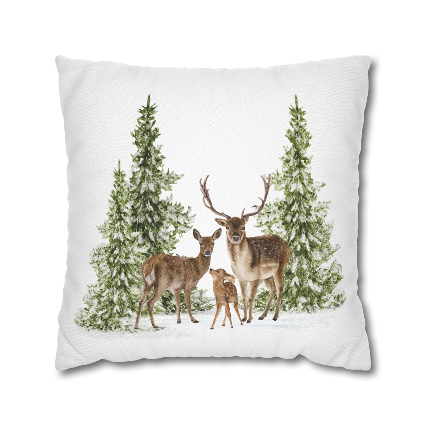 Square white pillow with watercolor deer family and pine trees – winter holiday cushion