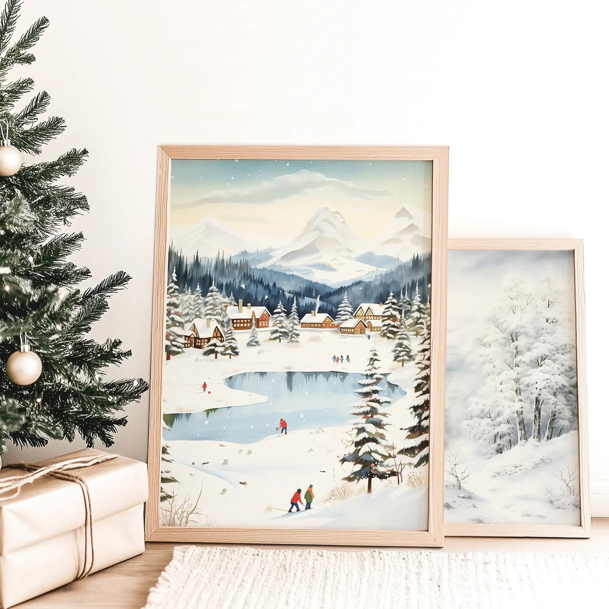 Winter Village Christmas Art Print featuring a snowy landscape with villagers skating and a cozy village scene.