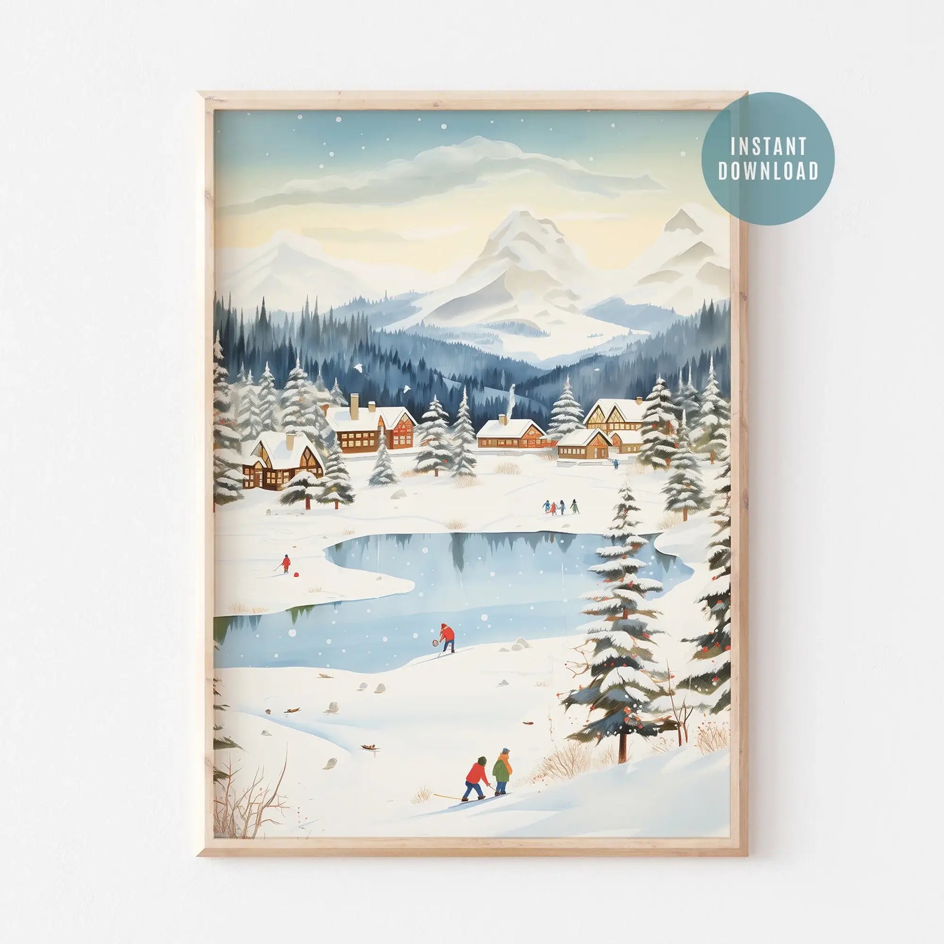 Winter Village Christmas Art Print featuring snowy landscapes, cozy homes, and people enjoying winter activities.