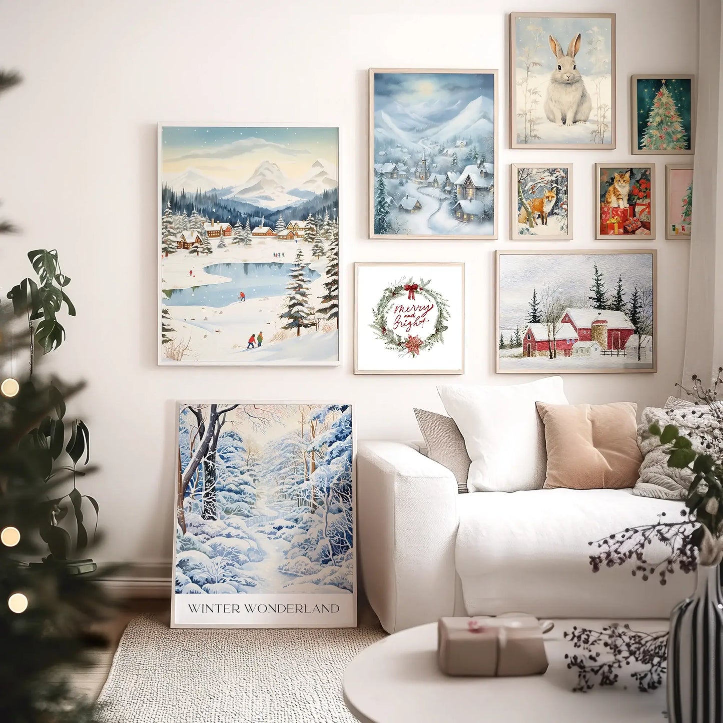 Winter Village Christmas Art Print displayed in a cozy living room with festive decorations and wall art.