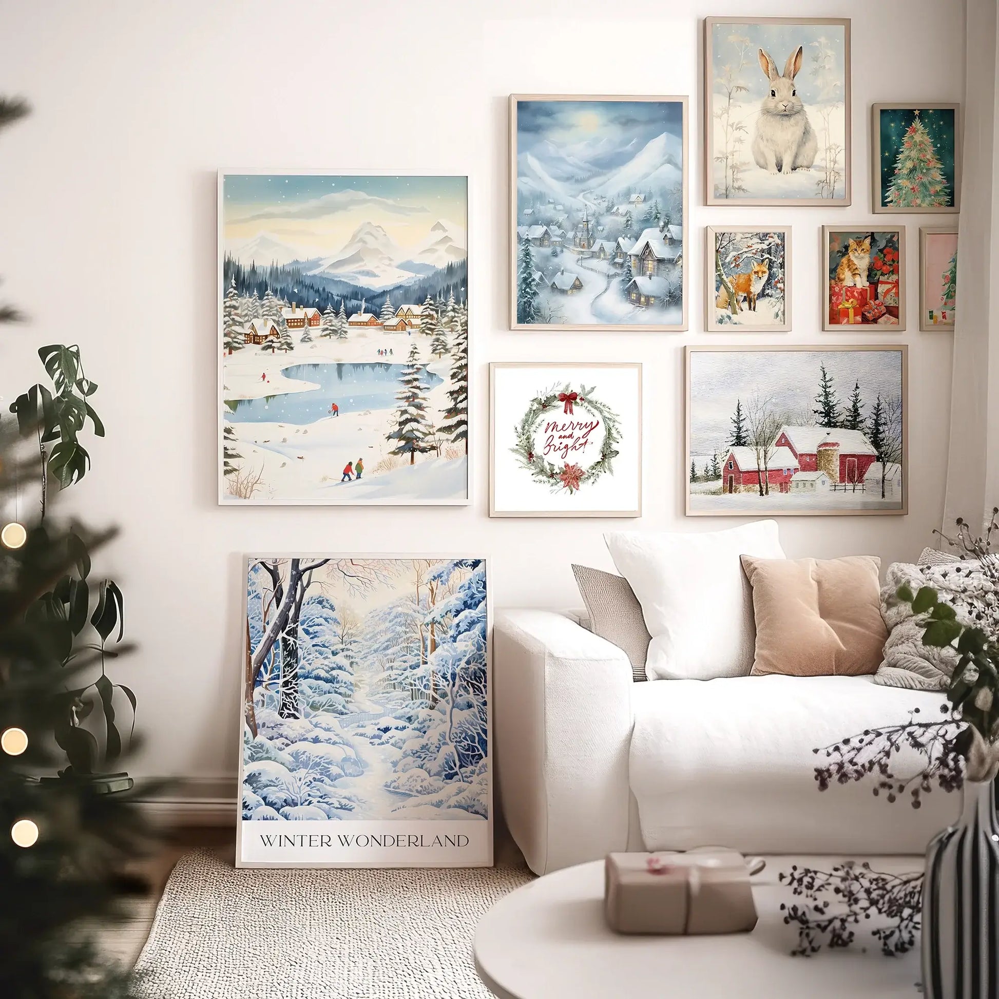 Winter Village Christmas Art Print displayed in a cozy living room with festive decorations and wall art.