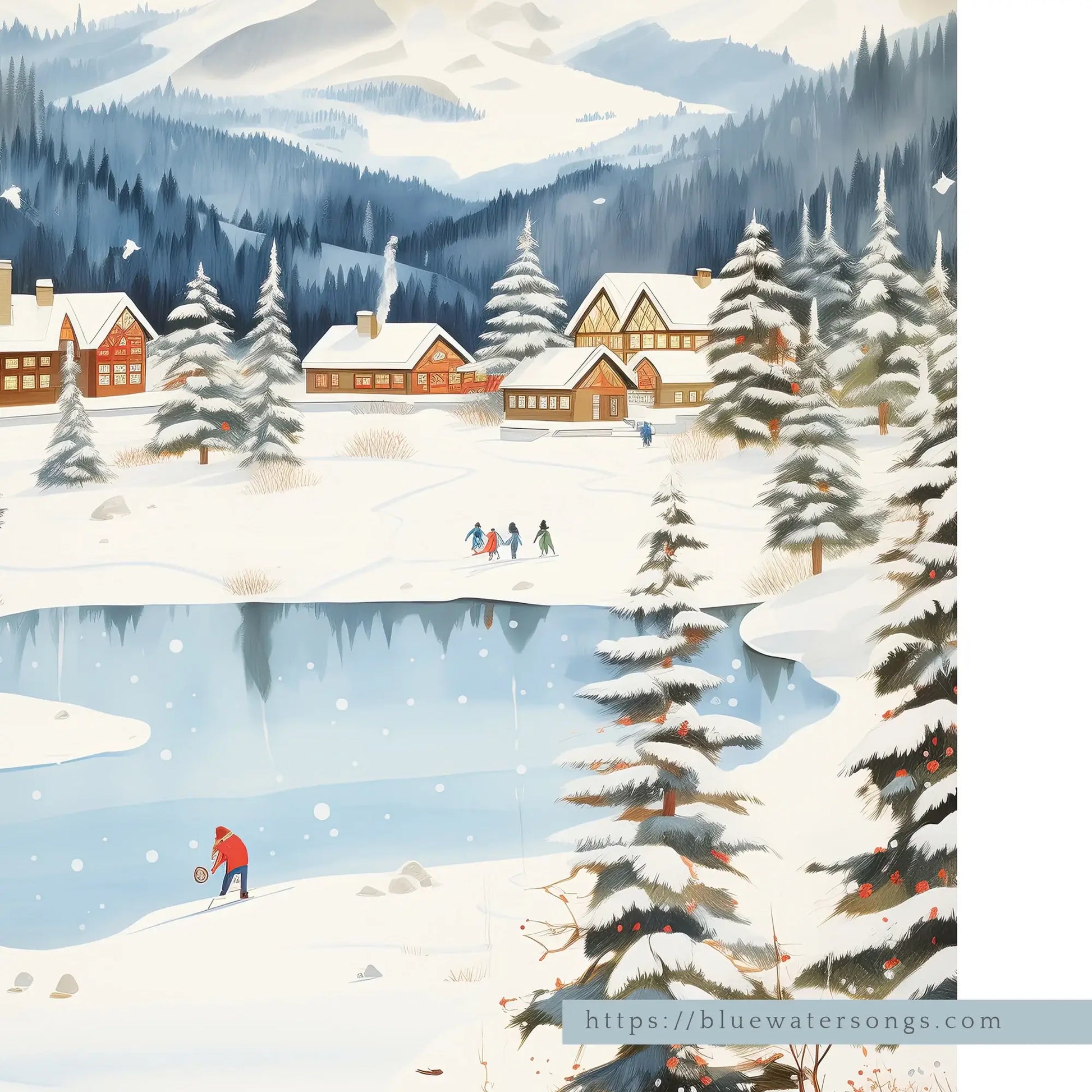 Winter Village Christmas Art Print depicting a peaceful snowy scene with homes and people enjoying winter activities.