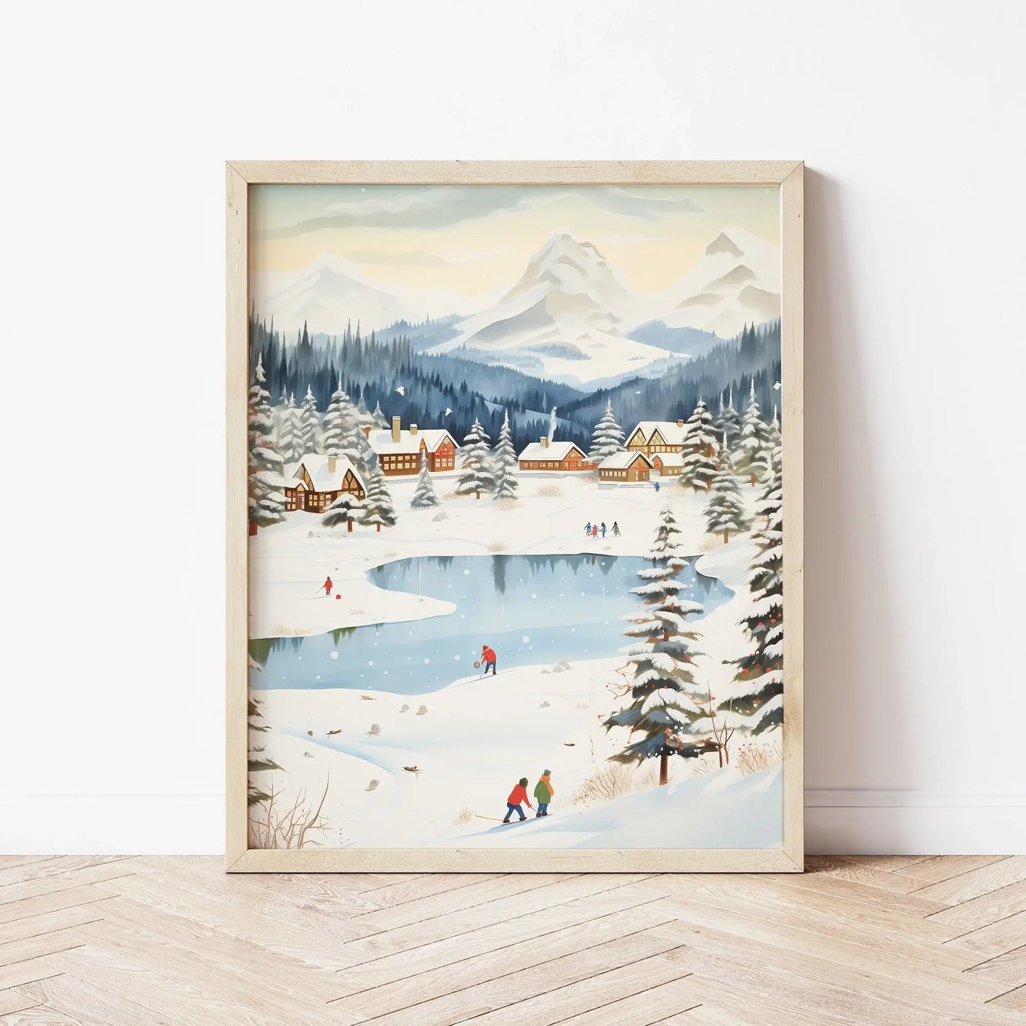 Winter Village Christmas Art Print featuring snowy landscapes and cozy cottages in a winter setting.