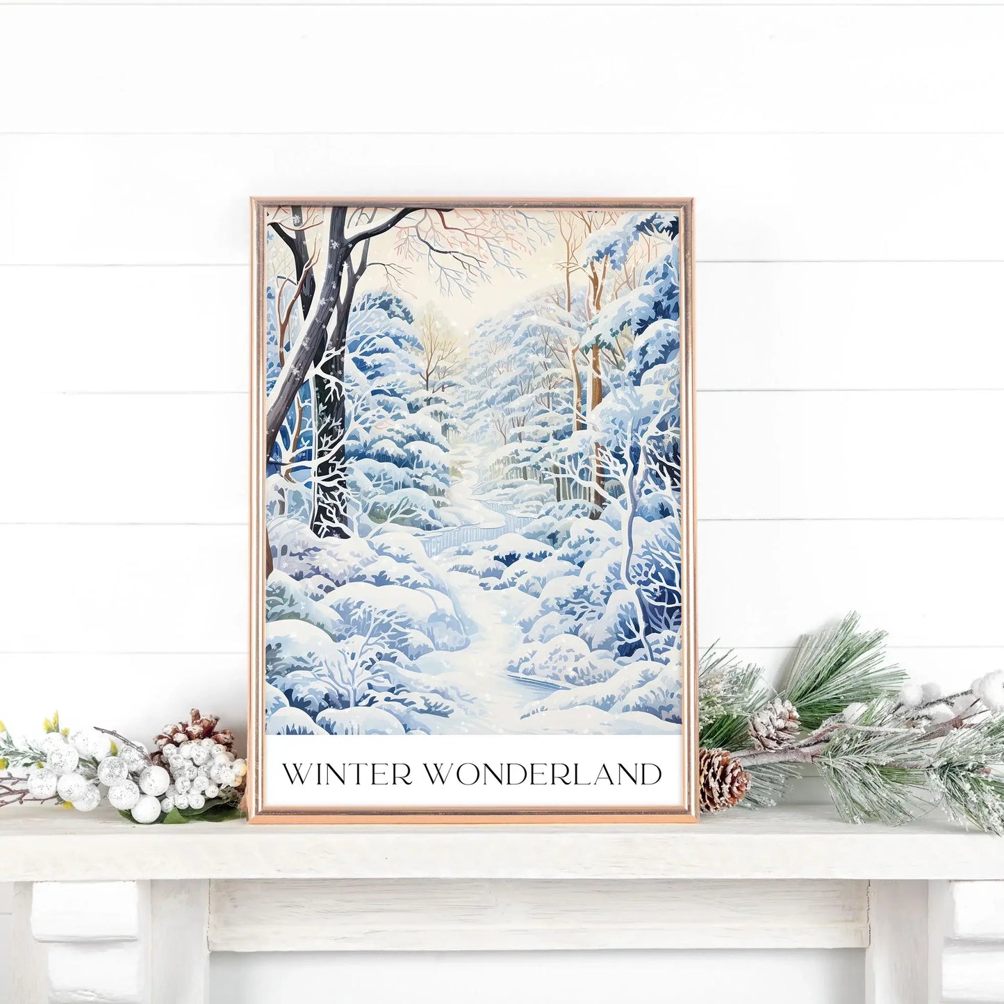 Winter Wonderland Art Print displayed on a mantel, showcasing a serene snow-covered landscape.