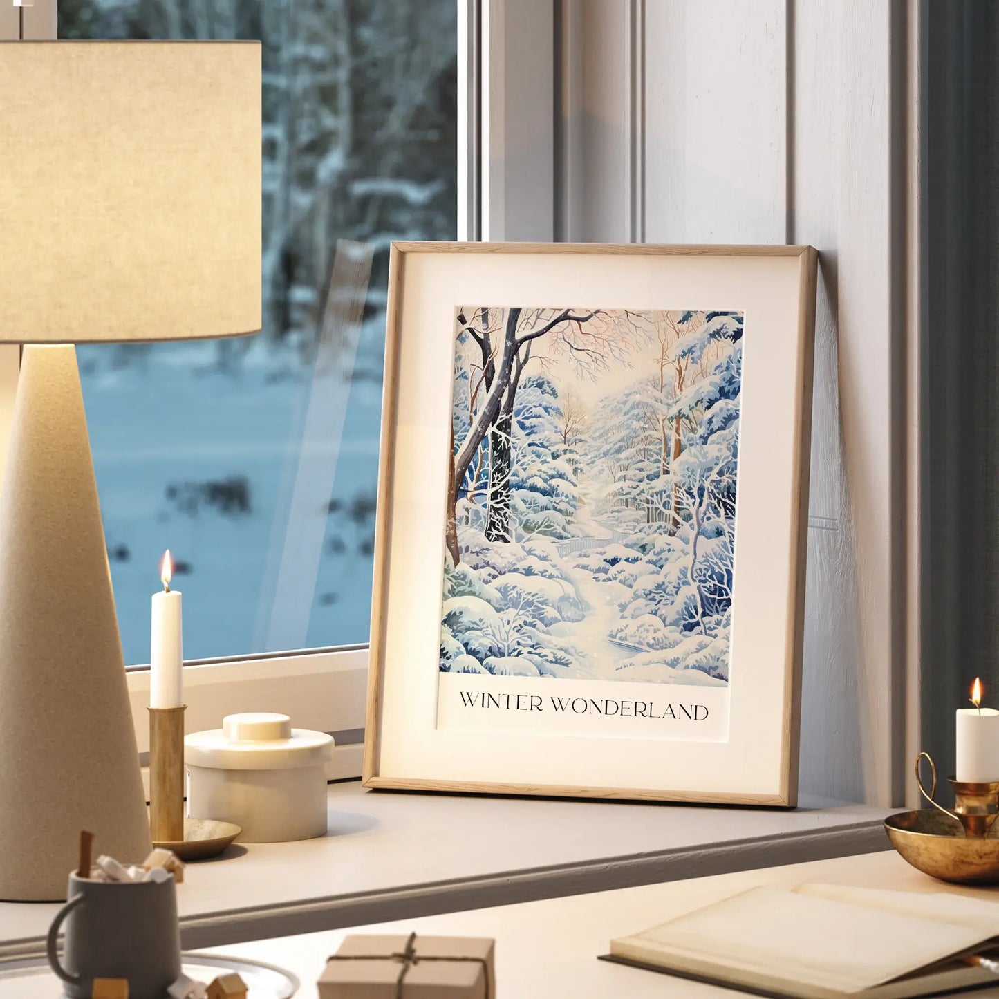 Winter Wonderland Art Print displayed in a cozy home setting by a window with winter scenery.